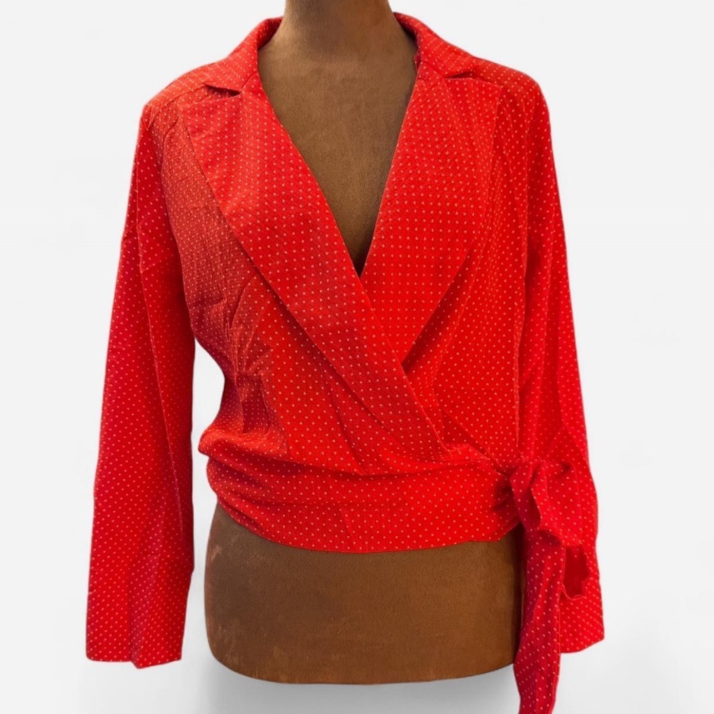 Elegant Red Wrap Blouse with Polka Dots